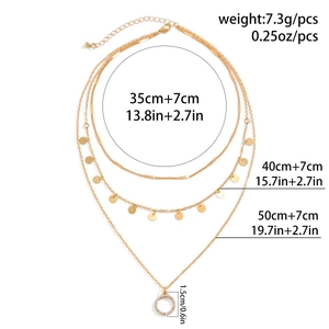 Detailed size specifications for gold three-layer pearl necklace with coin pendant