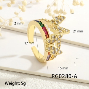 Macro detail of butterfly ring with dimensions, 17mm diameter and 18K gold plating
