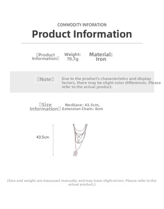 Detail showing iron layered necklace specs 70.7g weight and 43.5cm chain length