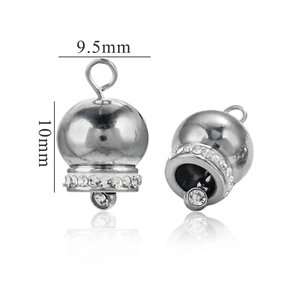 Polished silver metal bell pendant with sparkling rhinestones, 9.5mm by 10mm dimensions