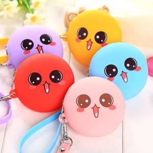 Mini Round Silicone Coin Purse Cute Cartoon Face Zipper Earphone Storage Bag With Wrist Strap And Hook For Women Kids
