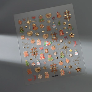 5D embossed Christmas nail art stickers with 3D gold-edged Santa bears and trees