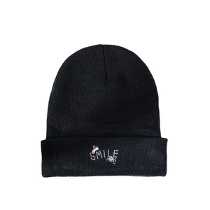 Fashionable black knit beanie with colorful rainbow star and SMILE pattern design