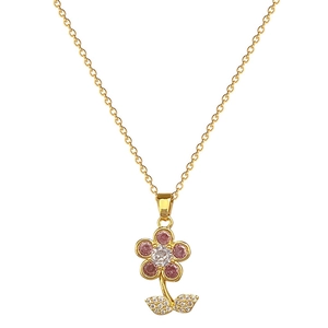 Elegant gold titanium steel necklace with pink crystal flower and leaf diamond pendant