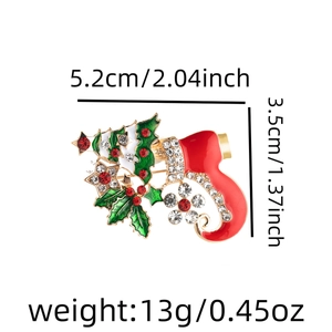 Christmas tree and stocking brooch detail with rhinestone inlay and enamel finish