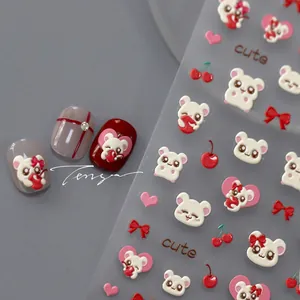 Detail of 5D embossed nail stickers featuring cute cartoon hamsters and red cherries
