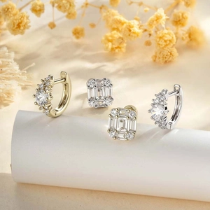 Square Stud And Huggie Hoop Piercing Earrings With Titanium Steel Post Clear Zircon Inlaid Vintage Style For Women