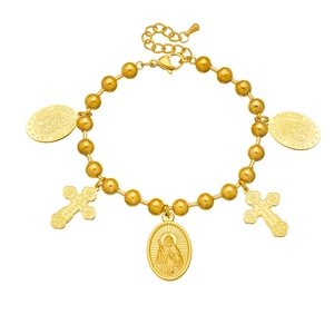 Vintage gold-plated beaded bracelet with Saint Joseph oval reliefs and cross pendants