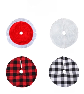 Detailed grid of four mini Christmas tree skirts in plush white and buffalo plaid patterns