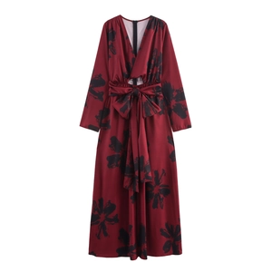 Polyester Weinrote Maxi Kleid Mit Tintenblumendruck Tiefem V Ausschnitt Langen Ärmeln Und Taillenknoten Elegant Damen