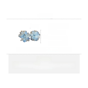 Detailed view of blue fabric flower earrings with alloy frame and silver needles