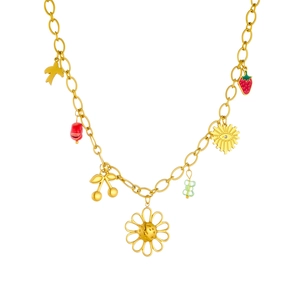 Gold chain necklace with floral heart and cherry charms on a clean white background