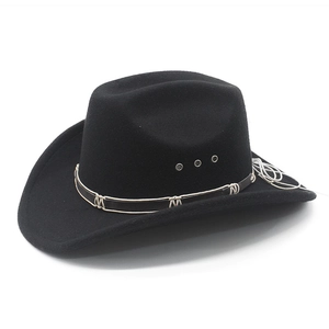 Detail of black cowboy hat featuring leather band with white stitching and metal eyelets