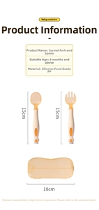 Detailed view of flexible baby spoon and fork set with 15cm length and storage case