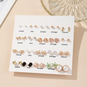 Detail of 12 pairs gold earring set with pearls and rhinestones on card display