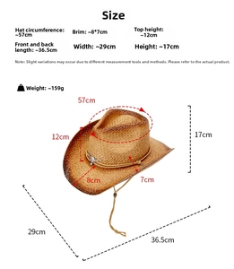 Detailed dimension guide for Western straw hat featuring brim and crown measurements