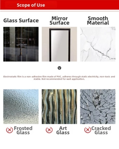 Instructional guide for PVC static cling film showing suitable smooth glass surfaces