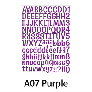 Detail of 1-inch purple vinyl alphabet stickers featuring A-Z letters and numbers