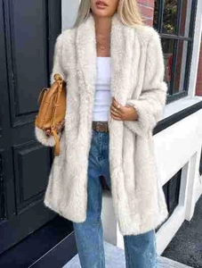 Manteau élégant en fausse fourrure crème pour femme avec revers pour l'automne-hiver