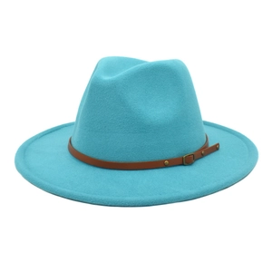 Detail of teal fedora hat showing the felt texture and brown leather belt buckle