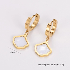 Detailed view of gold floral drop earrings with white inlay showing 13mm size and 4.5g weight