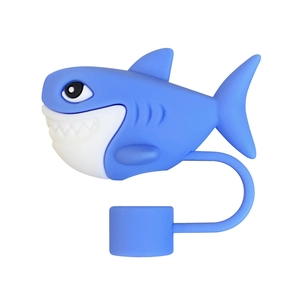 Detailed view of a 10mm blue and white silicone shark straw cover cap for water bottles
