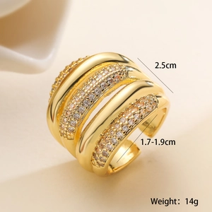 Detail view of multi-layer 18K gold plated ring with cubic zirconia stones and dimensions