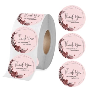 Detail of pink floral Thank You stickers in a roll with watercolor leaves and silver frame