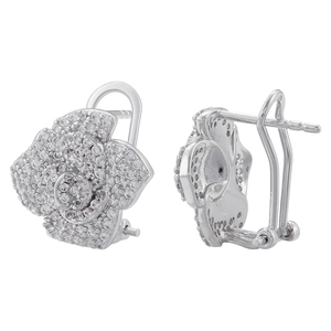 Macro view of floral layered rose earrings with micro-set white cubic zirconia stones