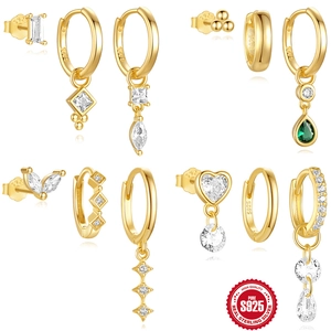 S925 Sterling Silver Earring Set For Women Gold Plated Geometric Zirconia Hoop Earrings Detachable Water Drop Pendant Jewelry