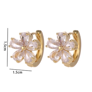Detail showing five-petal flower earring with clear cubic zirconia and 1.5cm dimension mark