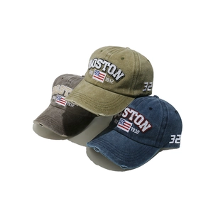 Vintage washed cotton baseball caps with BOSTON embroidery in olive, grey, and blue colors