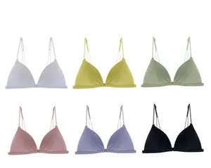 Detail showing various colors of French ribbed triangle bralettes with thin straps