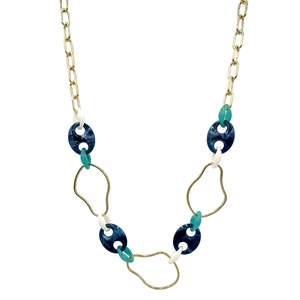 Fashionable gold chain necklace with colorful resin links in blue and white marble style