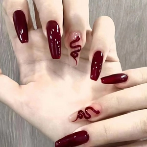 Burgundy Press On Nails Long Coffin Shape Snake Pattern Chic Wine Red Fake Nails ABS Plastic Reusable Daily Wear Fashion
