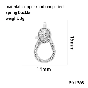 Macro detail of 14mm rhodium plated copper lobster clasp with size specifications