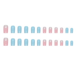 Short square press-on nails featuring sky blue and pink gradient with silver glitter