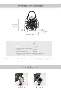 Detail showing creative clock and piano key design on a round PU leather crossbody bag