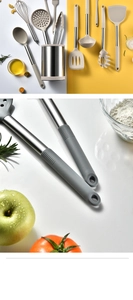 Detail of 12pcs silicone cooking utensils set with stainless steel handles and storage bucket