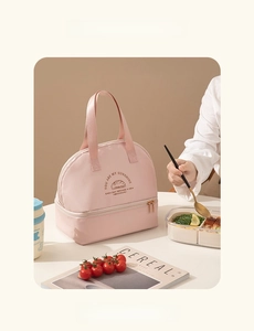 Pink double-layer thermal lunch bag with waterproof fabric and wide arch opening