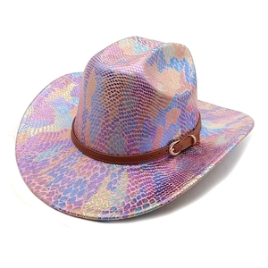 Iridescent Snakeskin Pattern Western Cowboy Hat Metallic Polyester Wide Brim Party Rave Festival Faux Leather Band