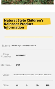 Detailed size chart for kids EVA raincoats showing M to 2XL measurements and colors