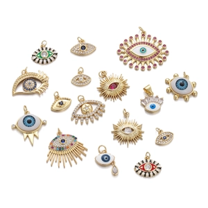 Evil Eye Pendant Gold Plated Copper Turkish Sunburst Charm With Cubic Zirconia Enamel For DIY Jewelry Making Women