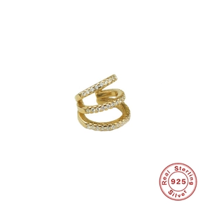 Three-layer gold S925 sterling silver ear cuff with sparkling zircon pave setting