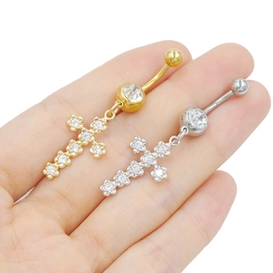 Piercings de nombril en acier inoxydable argenté et doré avec pendentifs croix en cristal