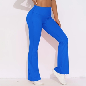 Detail of high-waisted royal blue flare yoga pants showing stitching and stretch fabric