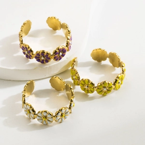 Three-piece vintage stainless steel open rings with colorful flower enamel drip oil