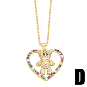 Golden heart teddy bear pendant necklace with colorful cubic zirconia stones and link chain