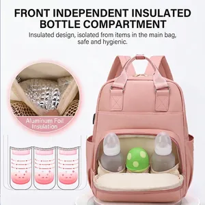 Pink waterproof diaper bag with front insulated bottle pockets and aluminum foil lining