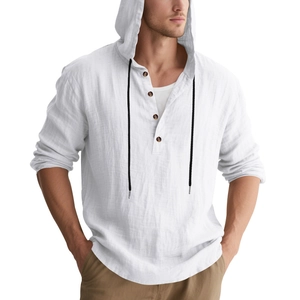 Detail of white linen hoodie shirt with dark wood buttons and contrasting black drawstrings